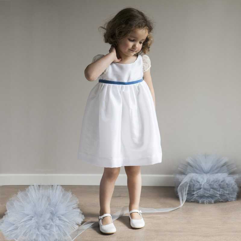 Suzanne silk organza party dress for girls with pale blue velvet ribbon. Little Eglantine