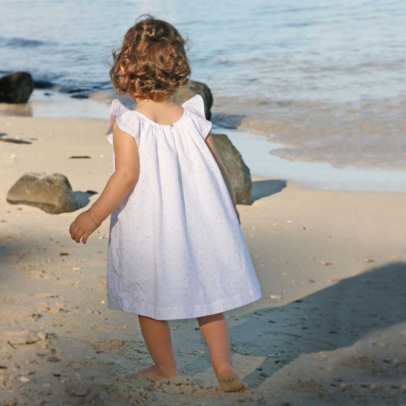 Designer Gold dots summer baby dress in white cotton - little Eglantine