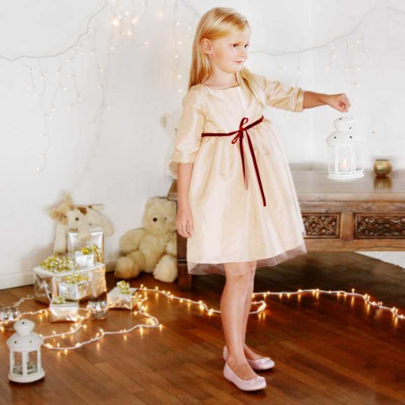 Annabelle Gold & Burgundy sparkling dress for Christmas parties and weddings by Designer Little Eglantine UK