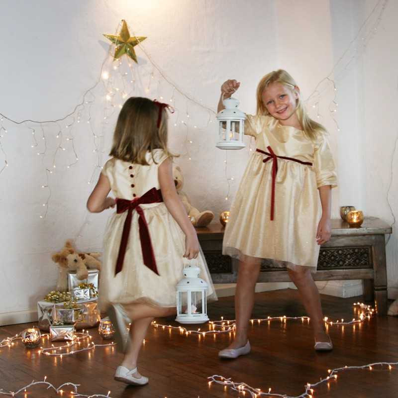Elena gold and burgundy velvet christmas party dress for little girls by French UK designer Little Eglantine