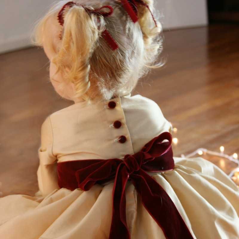 Ines Gold & Burgundy Velvet Dress for Christmas and Winter weddings by  French UK designer Little Eglantine