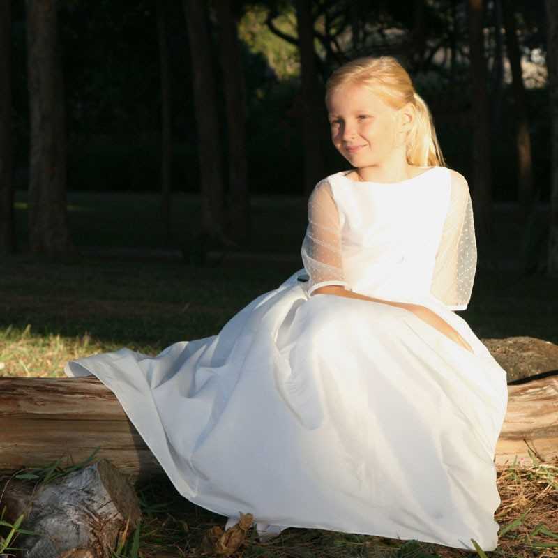 Marine white flower girl dress with spotted tulle sleeves -  Little Eglantine
