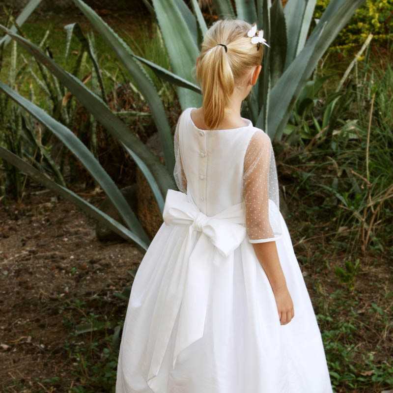 Marine white flower girl dress with spotted tulle sleeves -  Little Eglantine