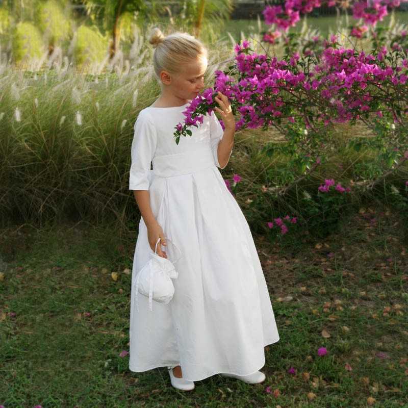 Charlotte white flower girl dress with full length box pleated skirt - Little Eglantine