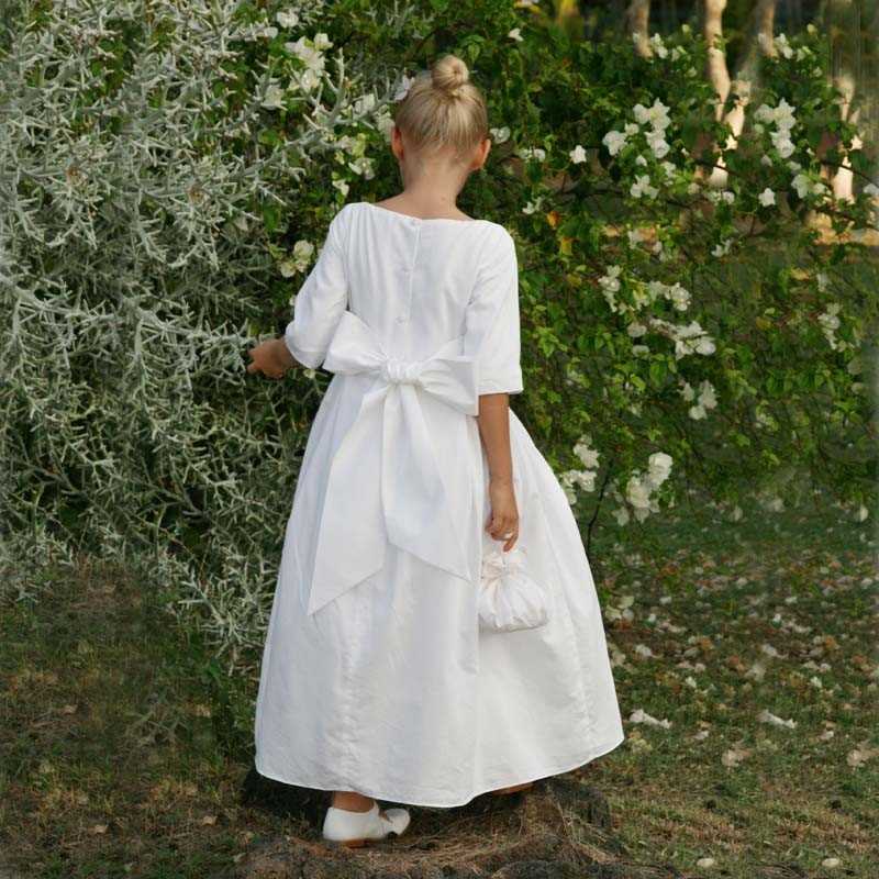 Charlotte white flower girl dress with full length box pleated skirt -  Little Eglantine