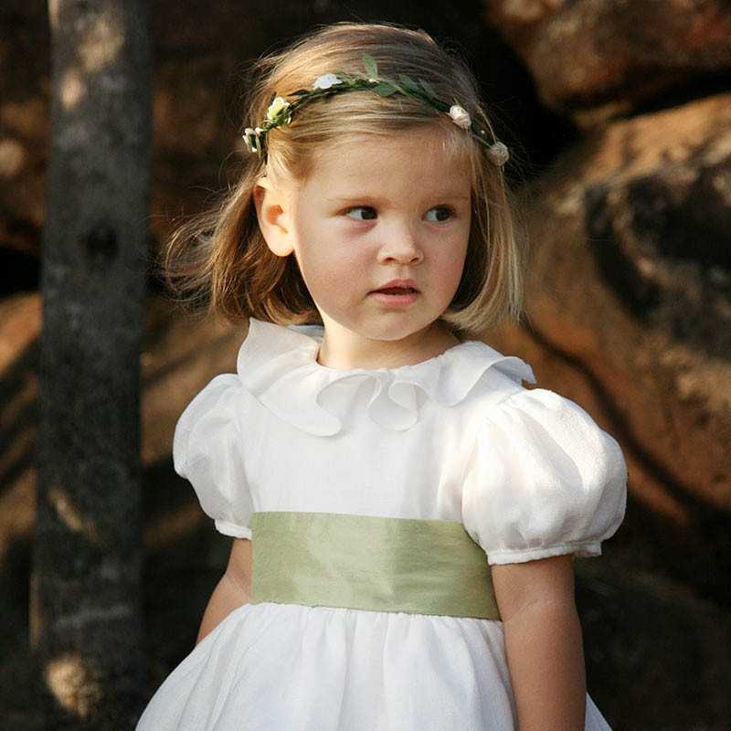 Eulalie linen flower girl dress with puff sleeves and ruffled collar by Royal designer Little Eglantine