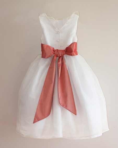 Sample Sale - Chloe white  silk organza flower girl dress with salmon pink sash size 5 and 7 - little eglantine