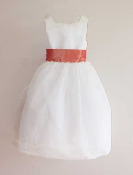 Sample Sale - Chloe white silk organza flower girl dress with salmon pink sash size 5 and 7 - little eglantine