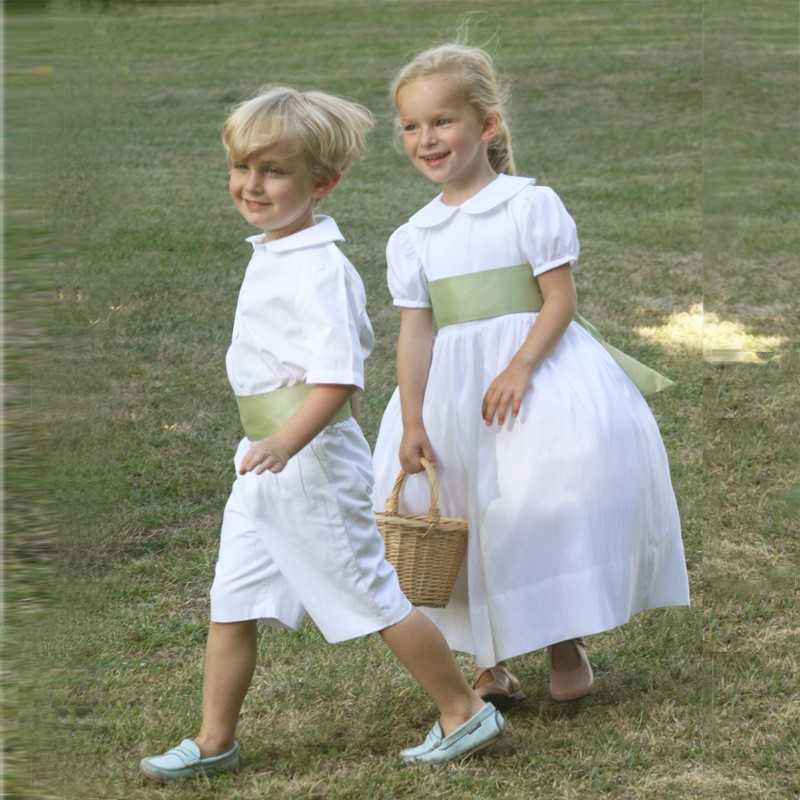 Gallia white flower girl dress with peter pan collar and puff sleeves  with pale green sash - designer flow