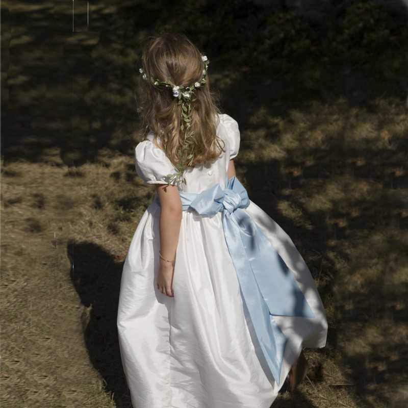 Gallia white flower girl dress with pale blue sash peter pan collar and puff sleeves  - designer flower girl dresses by UK