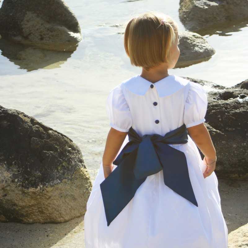 Gallia white flower girl dress with peter pan collar and navy blue sash -  flower girl dresses by UK designer Little Eglantine
