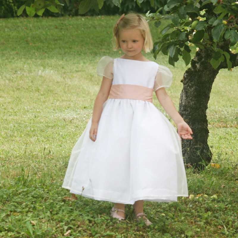 Alix white silk organza puff sleeves flower girl dress with soft pink sash by French designer Little Eglantine UK