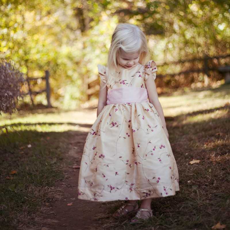 Isobel gold embroidered flower girl dress with soft pink sash and frill sleeves by UK designer Little Eglantine