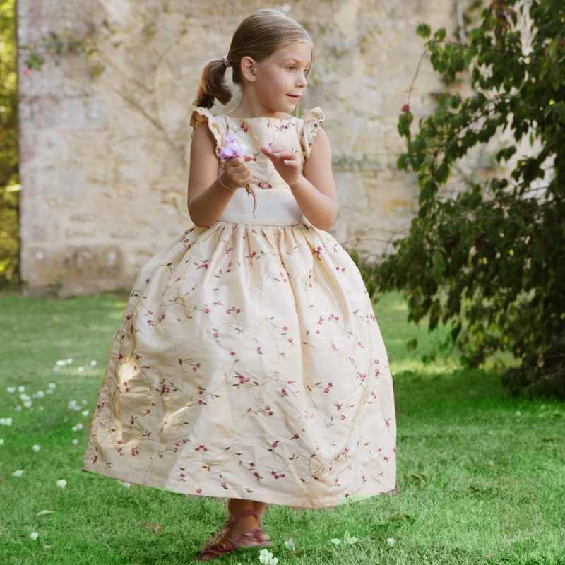 Isobel gold embroidered flower girl dress by UK designer Little Eglantine