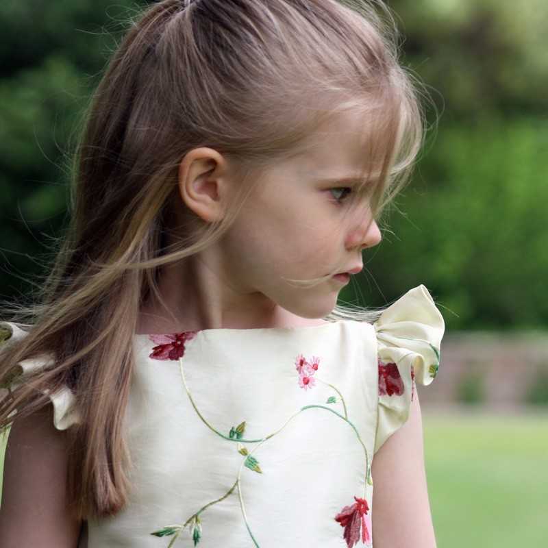 Isobel frill sleeves flower girl dress with embroidered taffeta in cream and purple by Little Eglantine