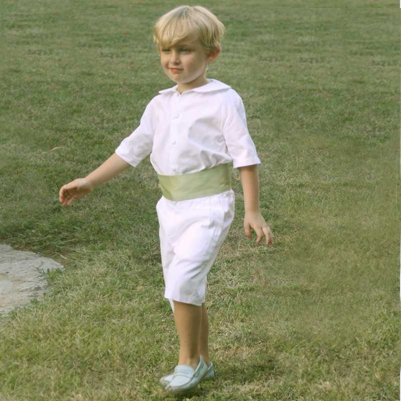 Page boy shorts - White Cotton page boy outfits - shorts with pale green cummerbund - Little Eglantine