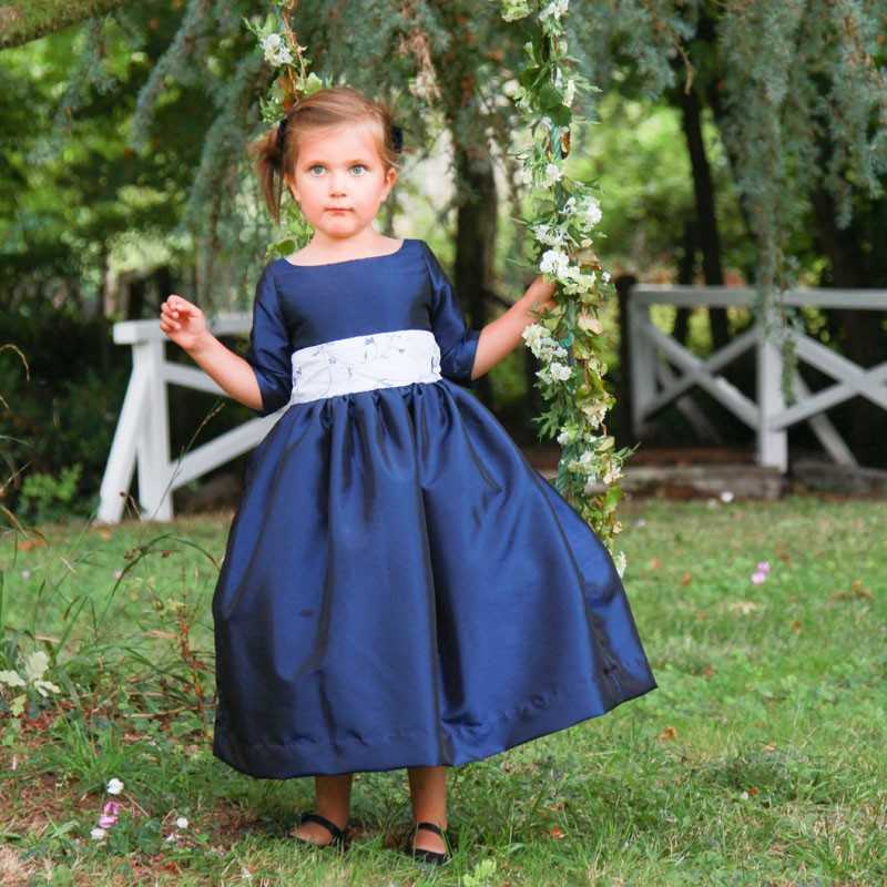 Claire 3/4 length sleeves navy blue flower girl dress for winter wedding of fall wedding by French designer Little Eglantine