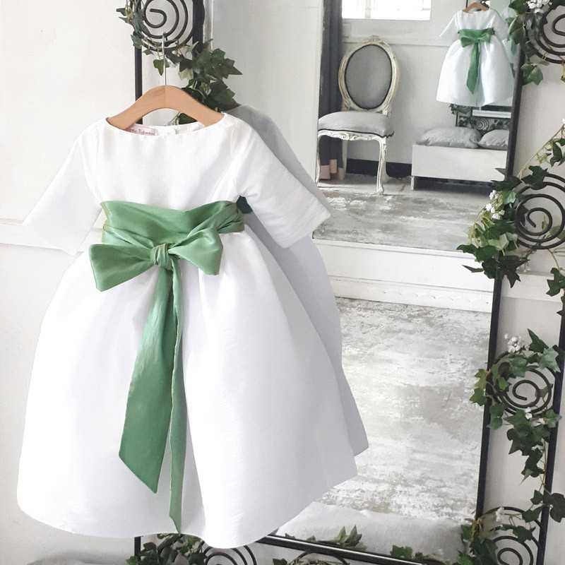 Claire 3/4 length sleeves white flower girl dress with green Deluxe sash by French designer Little Eglantine
