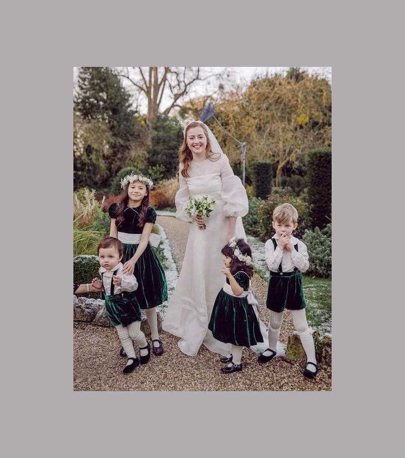 green velvet flwoer girl dresses and page boy shorts for whiter wedding by Little Eglantine