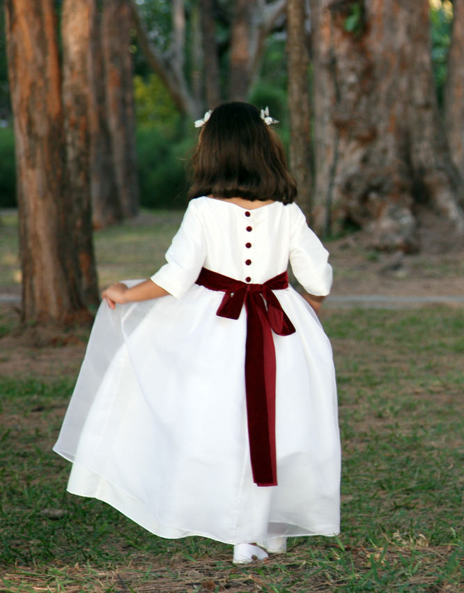 Camille off white silk organza flower girl dress with burgundy velvet sash