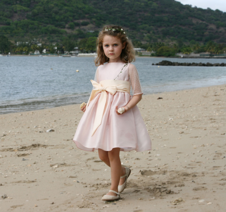 Dorothee blush pink and ivory flower girl dress with sleeves in delicate dotted tulle by royal designer Little Eglantine