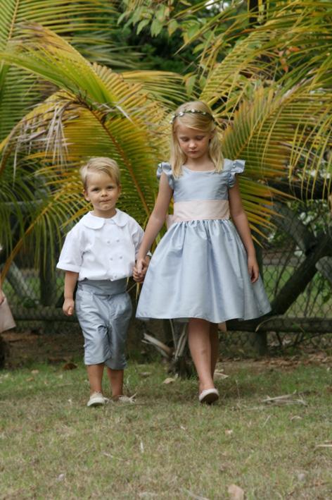 Emmanuelle knee-length flower girl dress in silver and pink with matching traditional page boy outfit by designer little eglantine