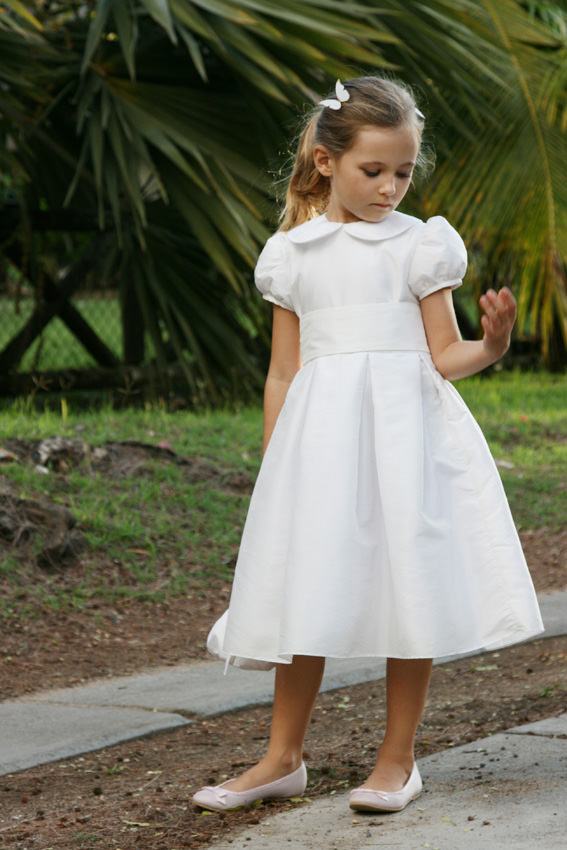 Flora pleated white flower girl dress with puff sleeves and peter pan collar by Little Eglantine