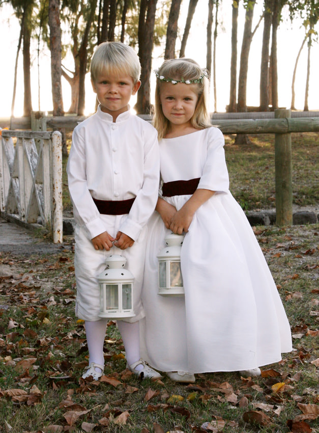 Ines 3/4 length sleeves flower girl dress in white and burgundy velvet sash by Little Eglantine