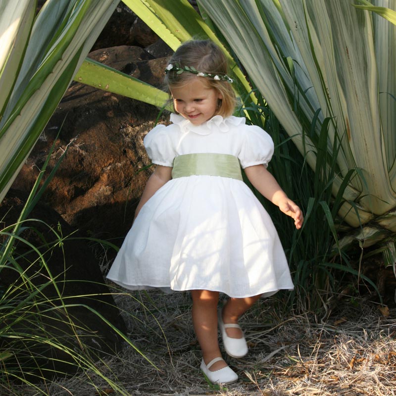 Eulalie linen flower girl dress with green sash puff sleeves and flounce collar by Royal designer Little Eglantine