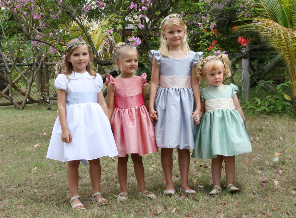 Flower girl dresses in Pastel contrasting colours by Little Eglantine