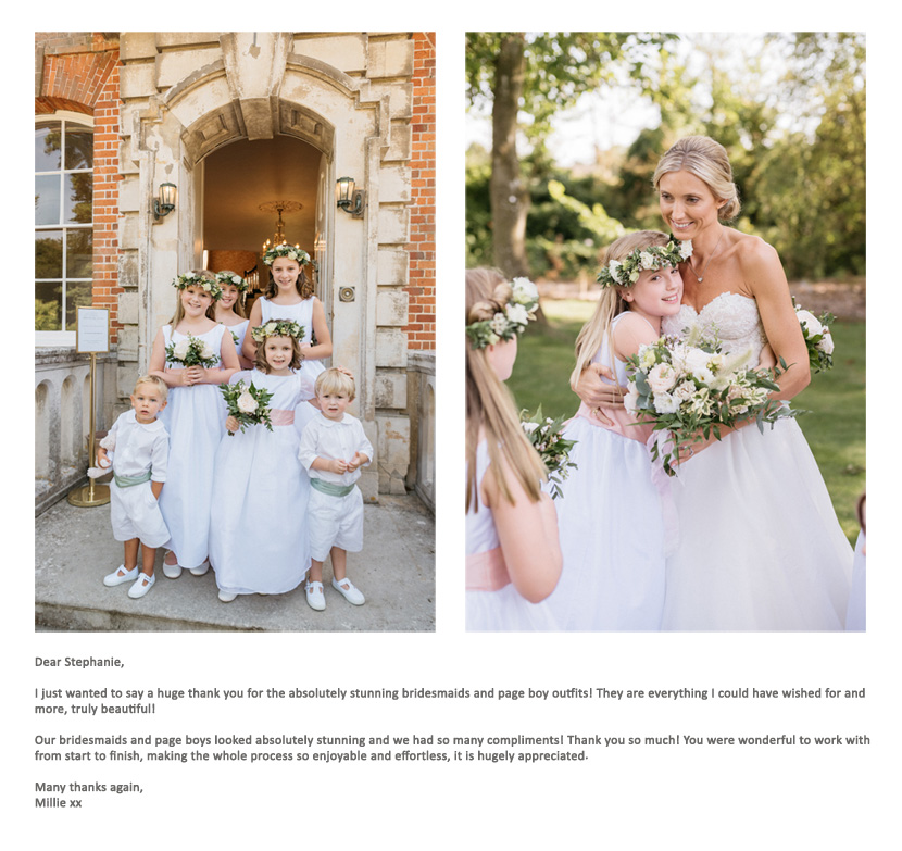 Flowergirls and apge boy wearing Little Eglantine in white soft pink and sage green for an elegant countryside wedding